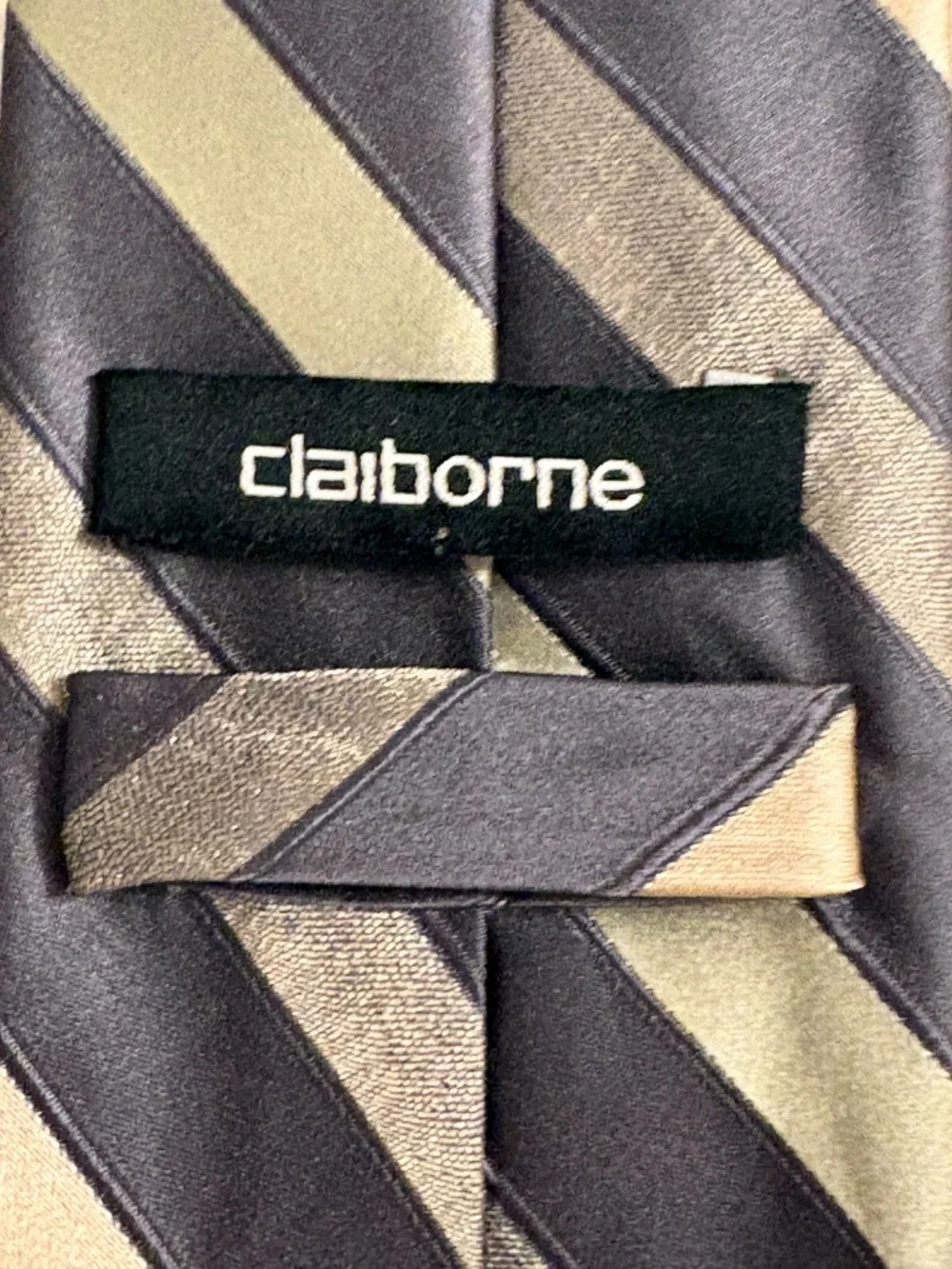 Vintage Claiborne Silk Blend Striped Tie Grey Olive Champagne Metallic